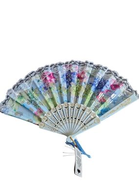 Floral Lace Folding Hand Fan in Light Blue & Gold